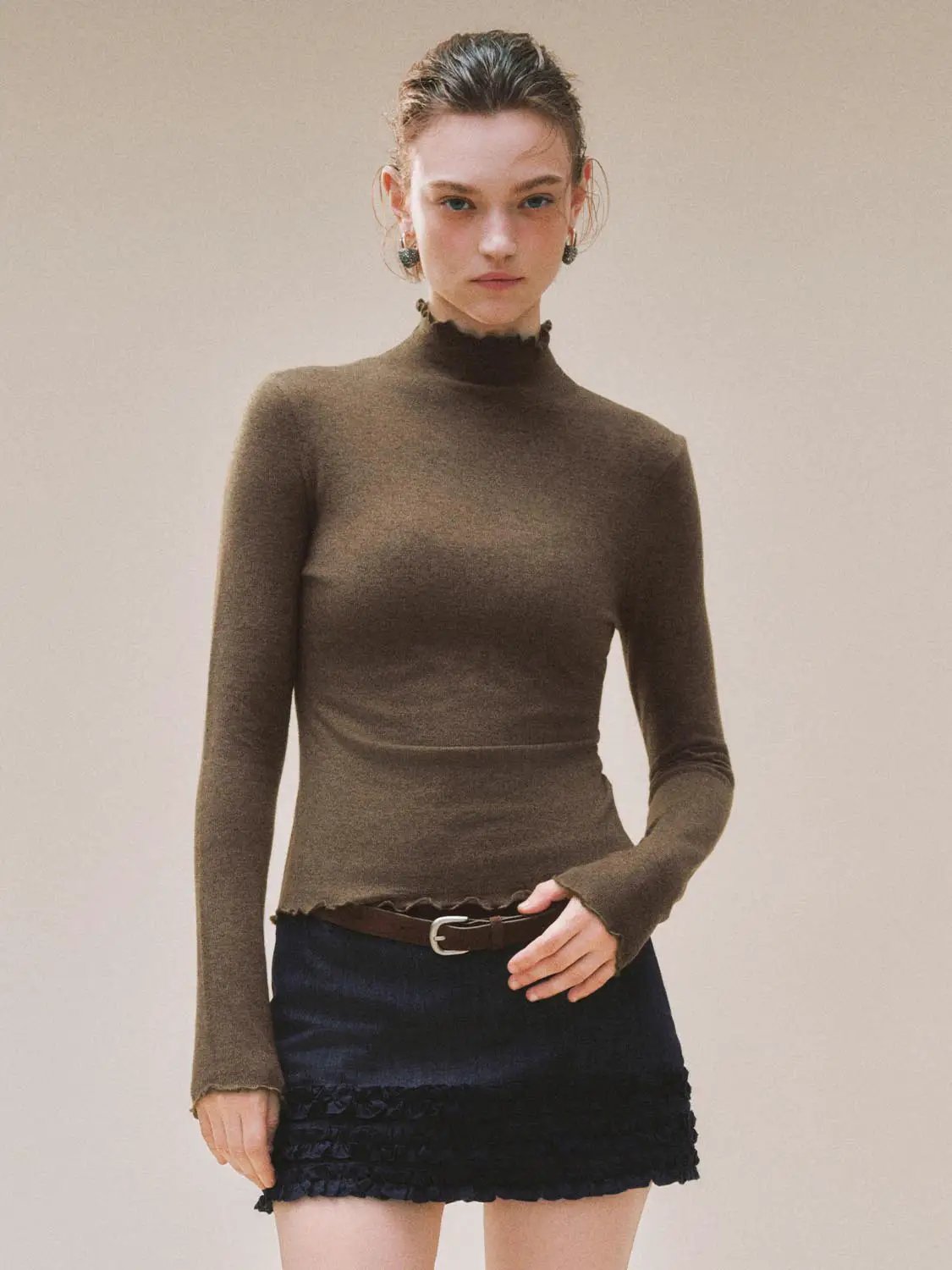 Ruffled Mock Neck Wavy Hem Long Sleeve Knit Top