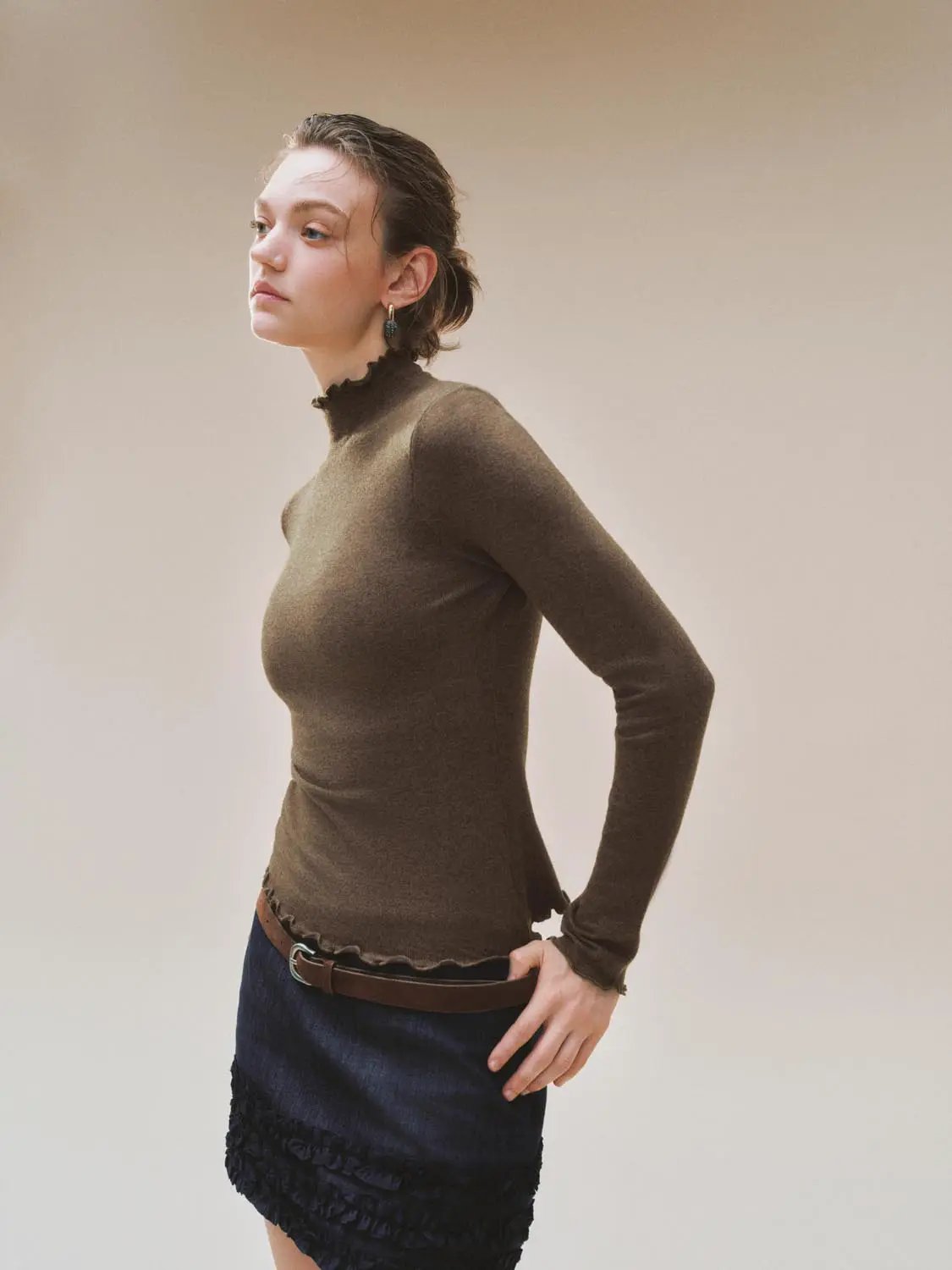 Ruffled Mock Neck Wavy Hem Long Sleeve Knit Top
