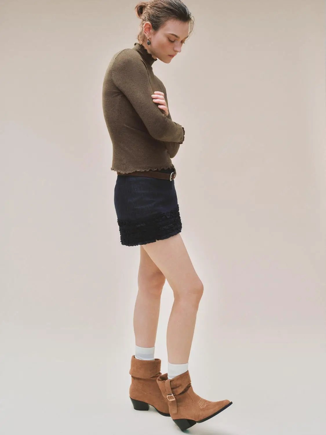 Ruffled Mock Neck Wavy Hem Long Sleeve Knit Top