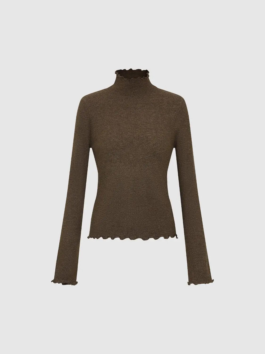 Ruffled Mock Neck Wavy Hem Long Sleeve Knit Top