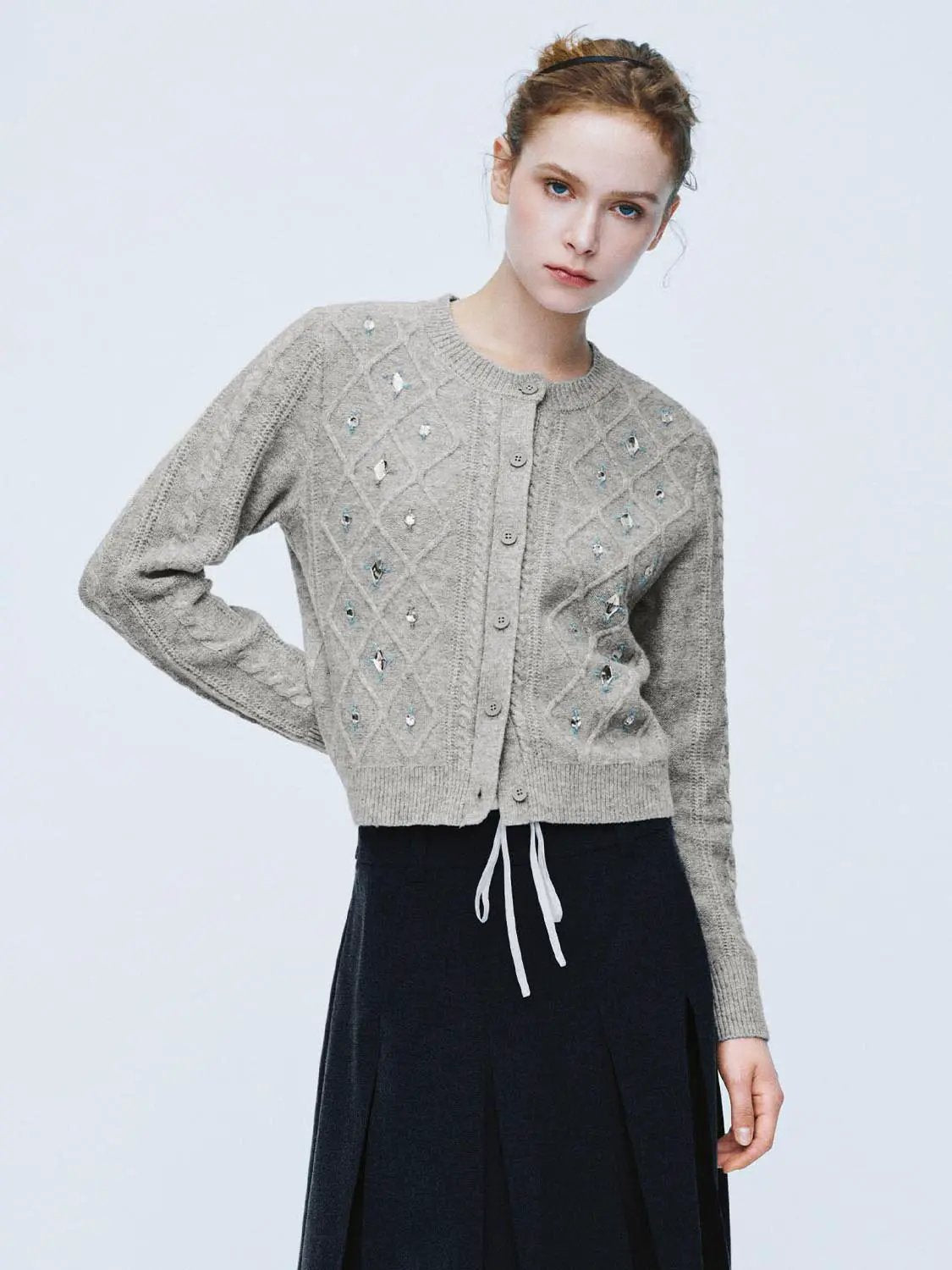 Embellished Cable Knit Long Sleeve Cardigan