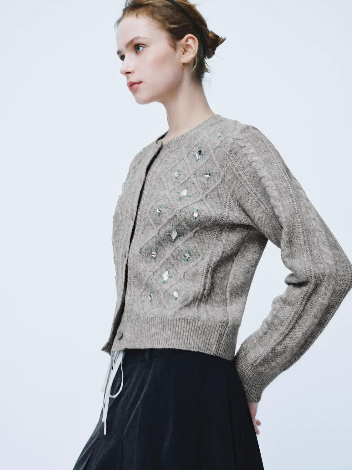 Embellished Cable Knit Long Sleeve Cardigan