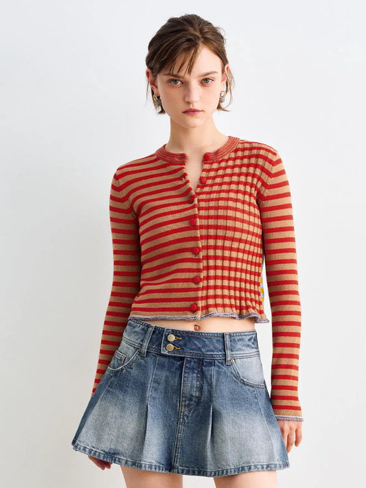 Striped Crew Neck Long Sleeve Cotton Cardigan