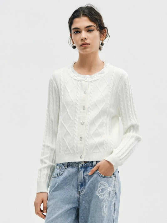 Cable-knit Ruffle Crew Neck Long Sleeve Cardigan