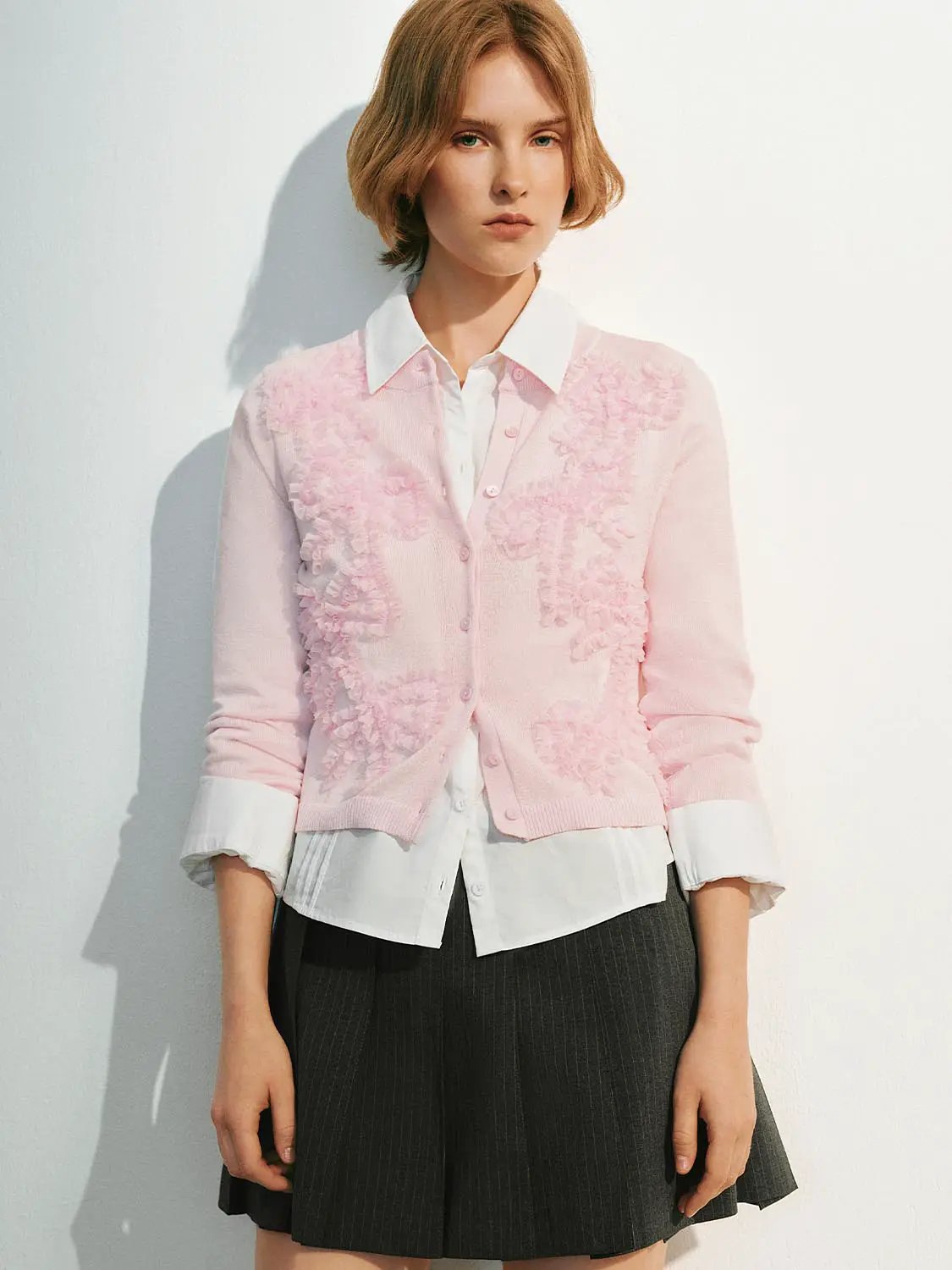 Textured Ruffled Floral Long Sleeve Knit Cardigan