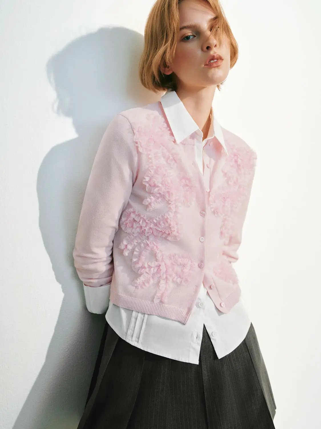 Textured Ruffled Floral Long Sleeve Knit Cardigan