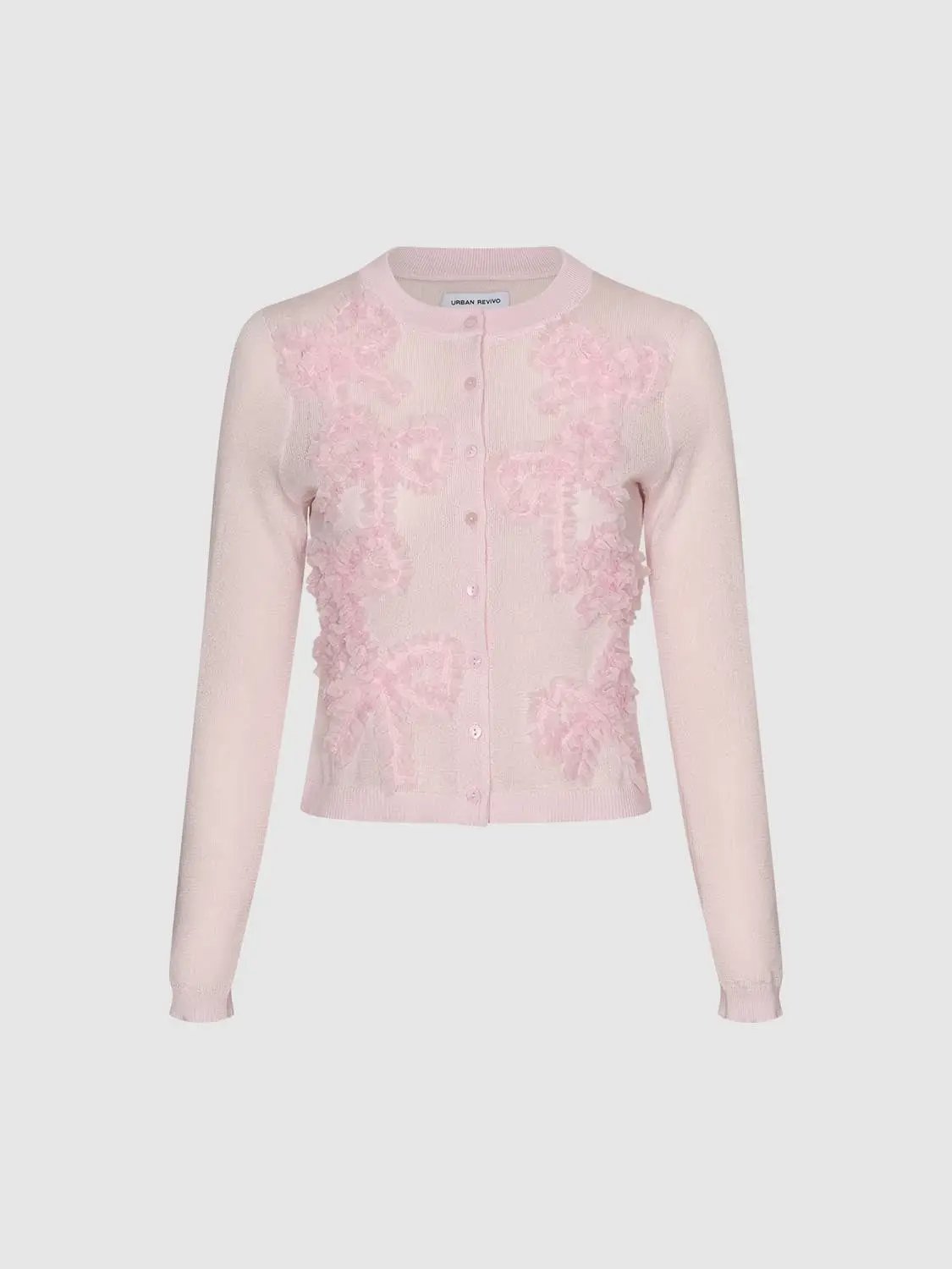 Textured Ruffled Floral Long Sleeve Knit Cardigan