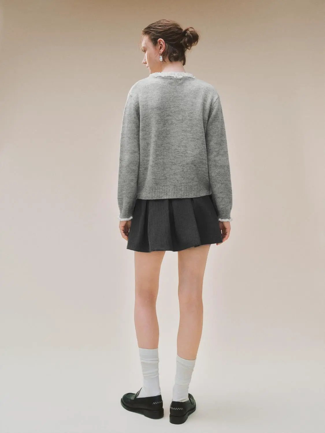 Knit Ruffle V-neck Button Front Long Sleeve Cardigan