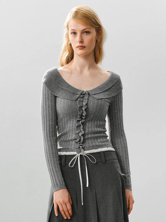 Ribbed Long Sleeve Ruffled Pleated Lapel Sweater