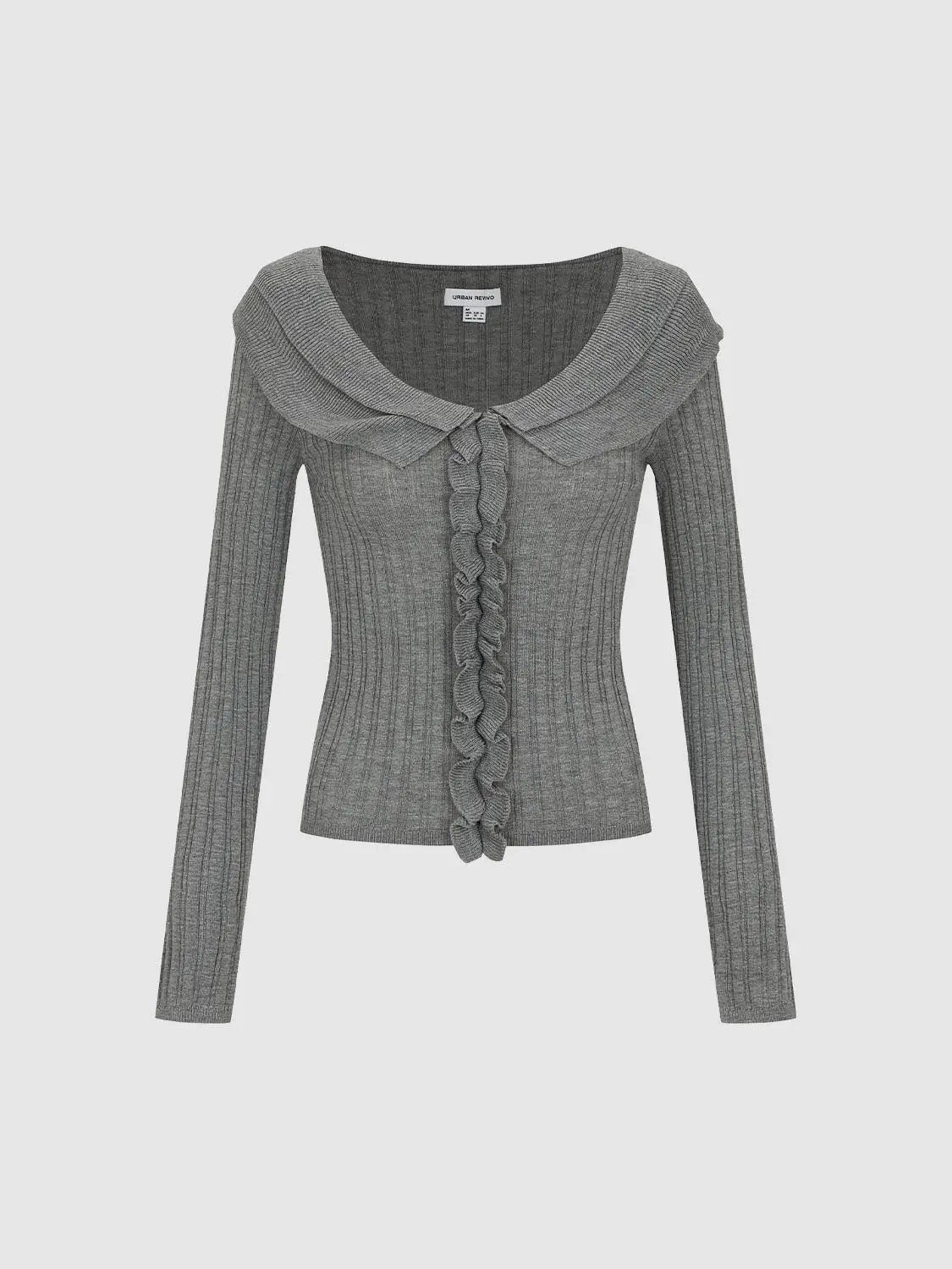 Ribbed Long Sleeve Ruffled Pleated Lapel Sweater