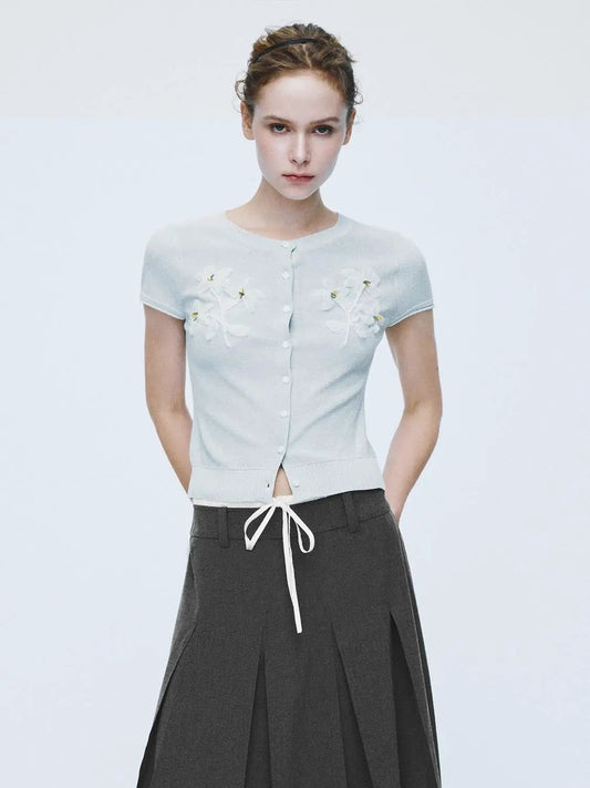 Floral Embroidered Crew Neck Short Sleeve Knitted Cardigan