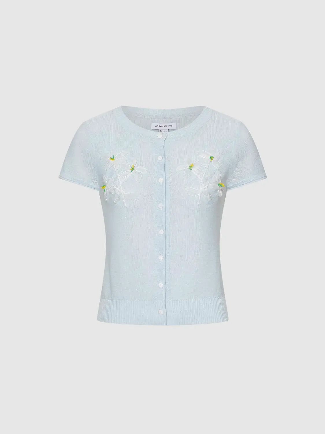 Floral Embroidered Crew Neck Short Sleeve Knitted Cardigan