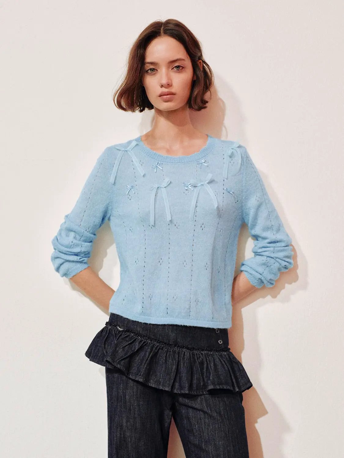 Bow Detail Textured Crew Neck Long Sleeve Sweater