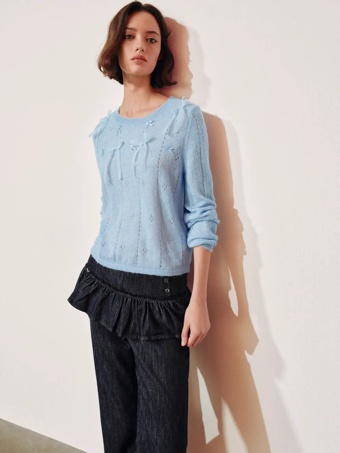 Bow Detail Textured Crew Neck Long Sleeve Sweater