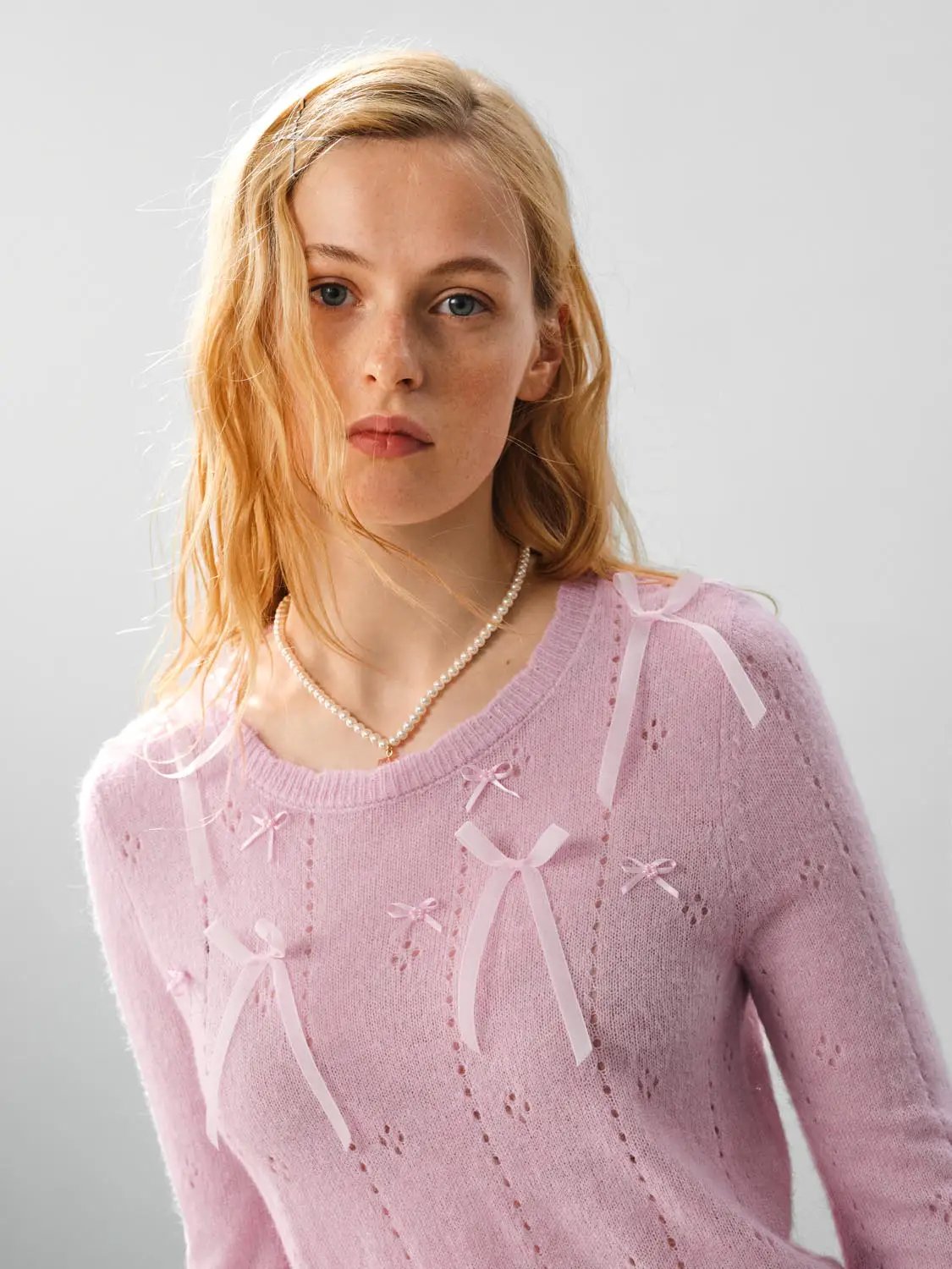 Bow Detail Textured Crew Neck Long Sleeve Sweater