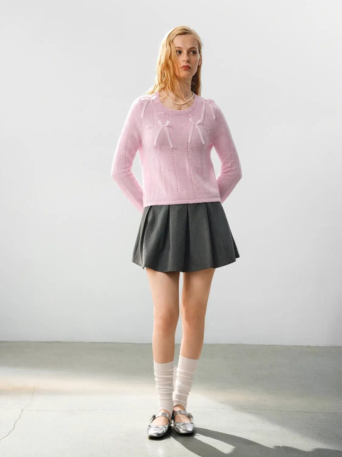 Bow Detail Textured Crew Neck Long Sleeve Sweater
