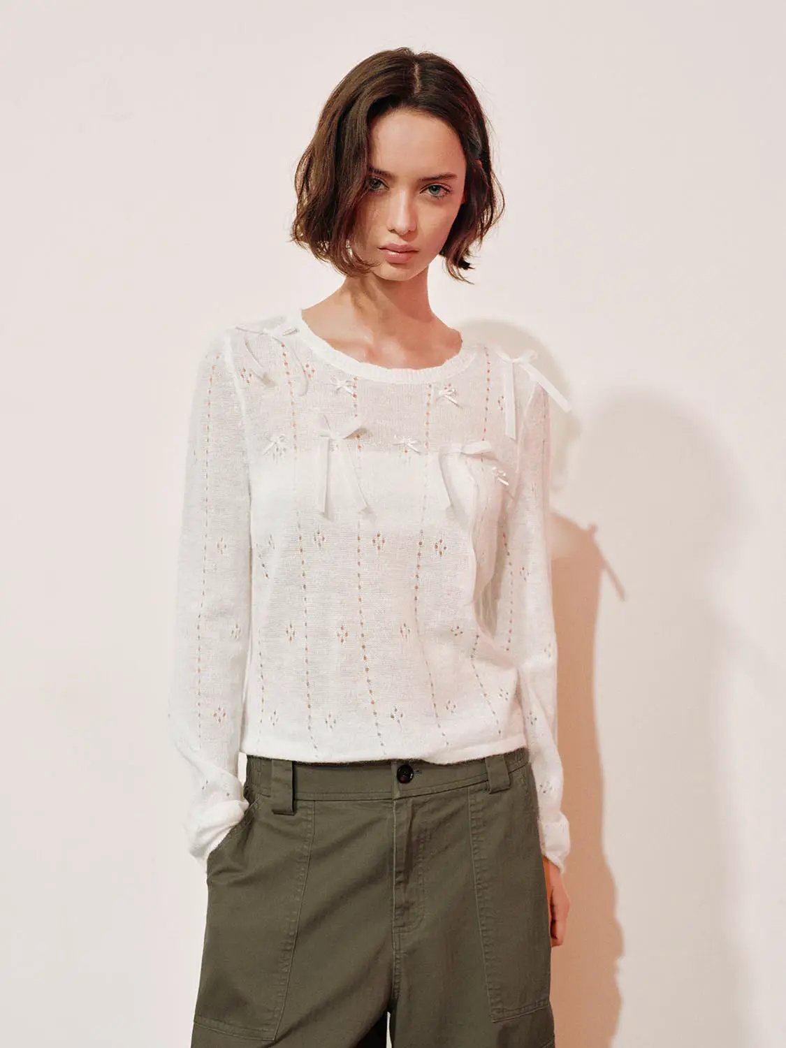 Bow Detail Textured Crew Neck Long Sleeve Sweater