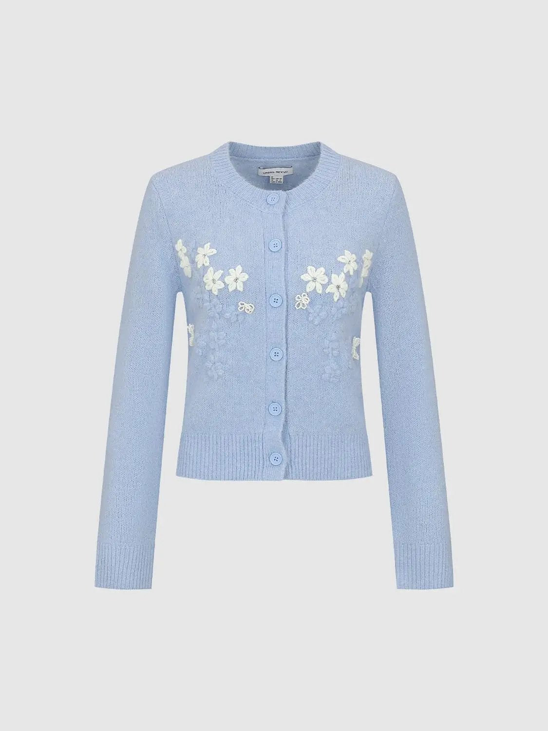 Floral Embroidered Crew Neck Long Sleeve Cardigan