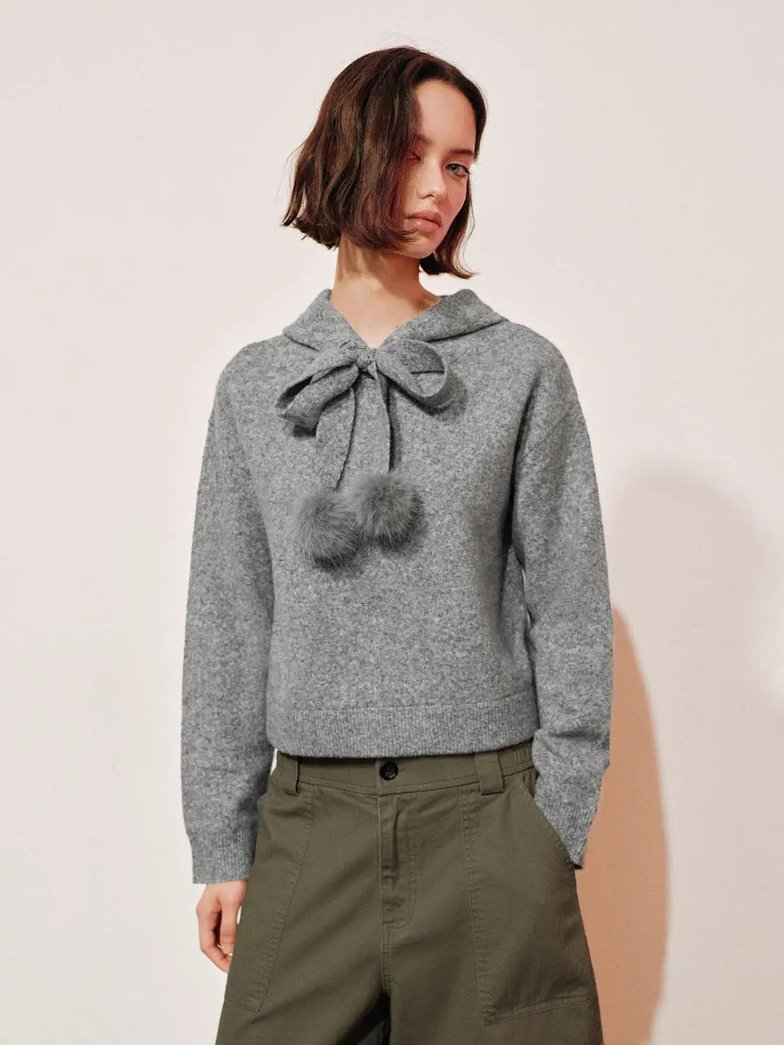 Pom-Pom Bow Tie Hooded Long Sleeve Knit Pullover