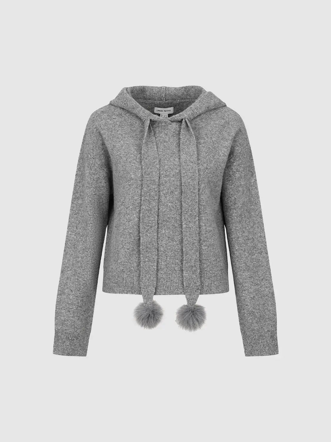 Pom-Pom Bow Tie Hooded Long Sleeve Knit Pullover