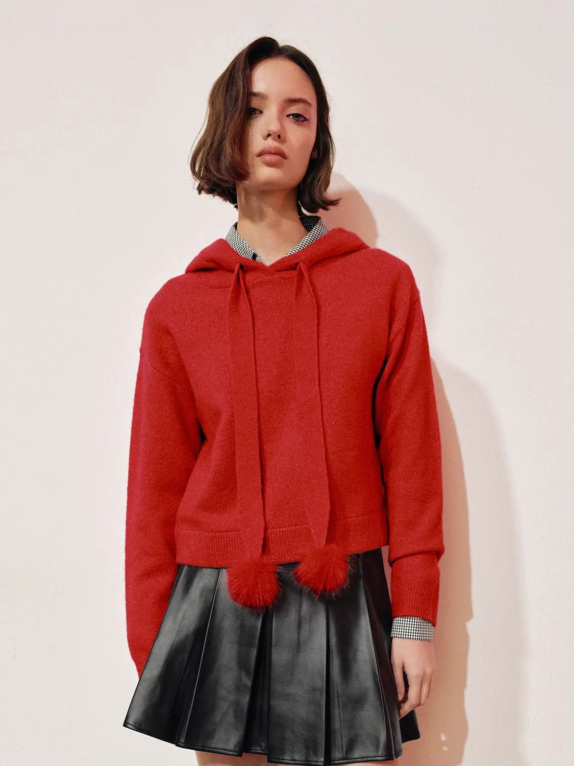 Pom-Pom Bow Tie Hooded Long Sleeve Knit Pullover