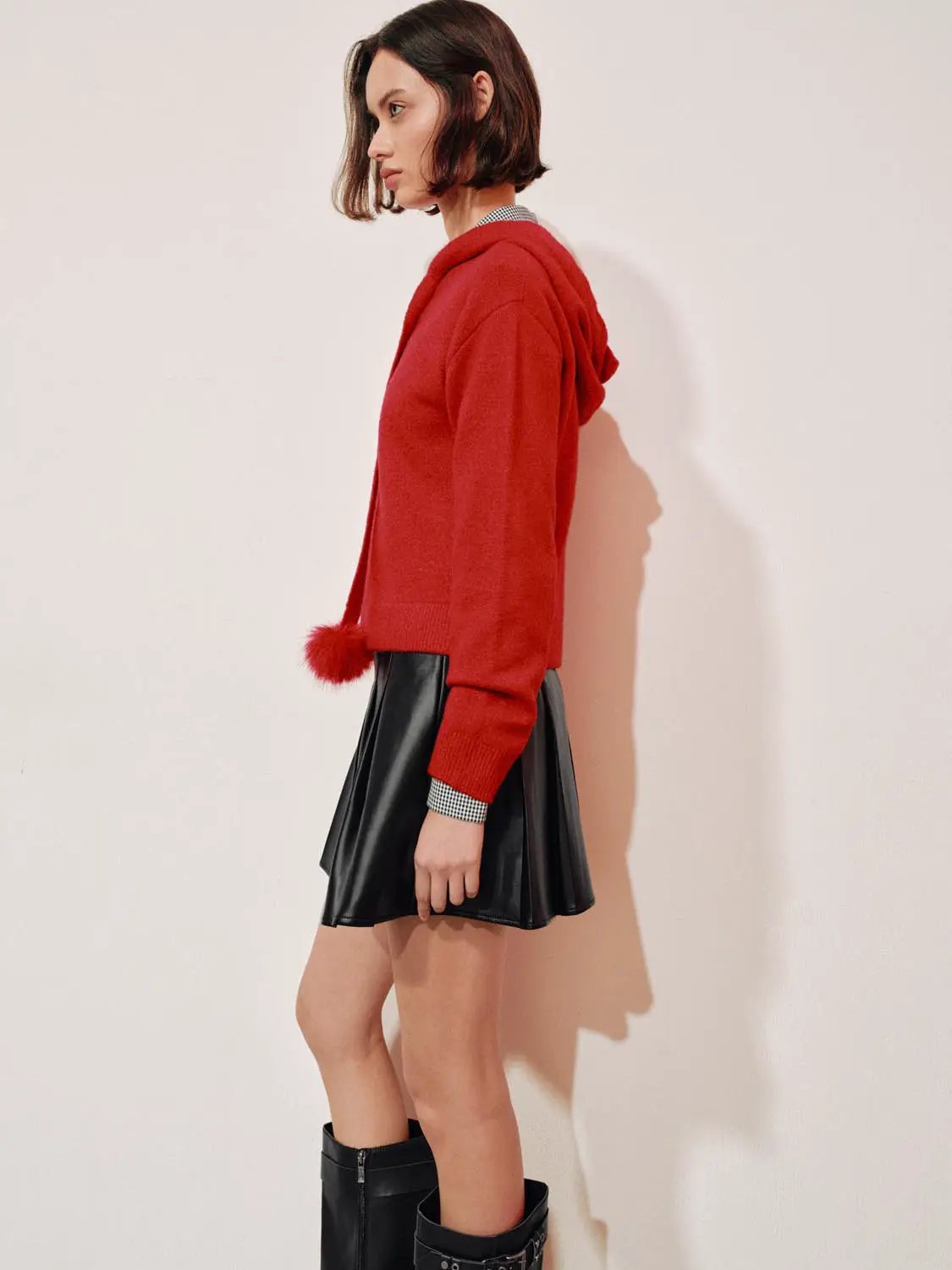 Pom-Pom Bow Tie Hooded Long Sleeve Knit Pullover