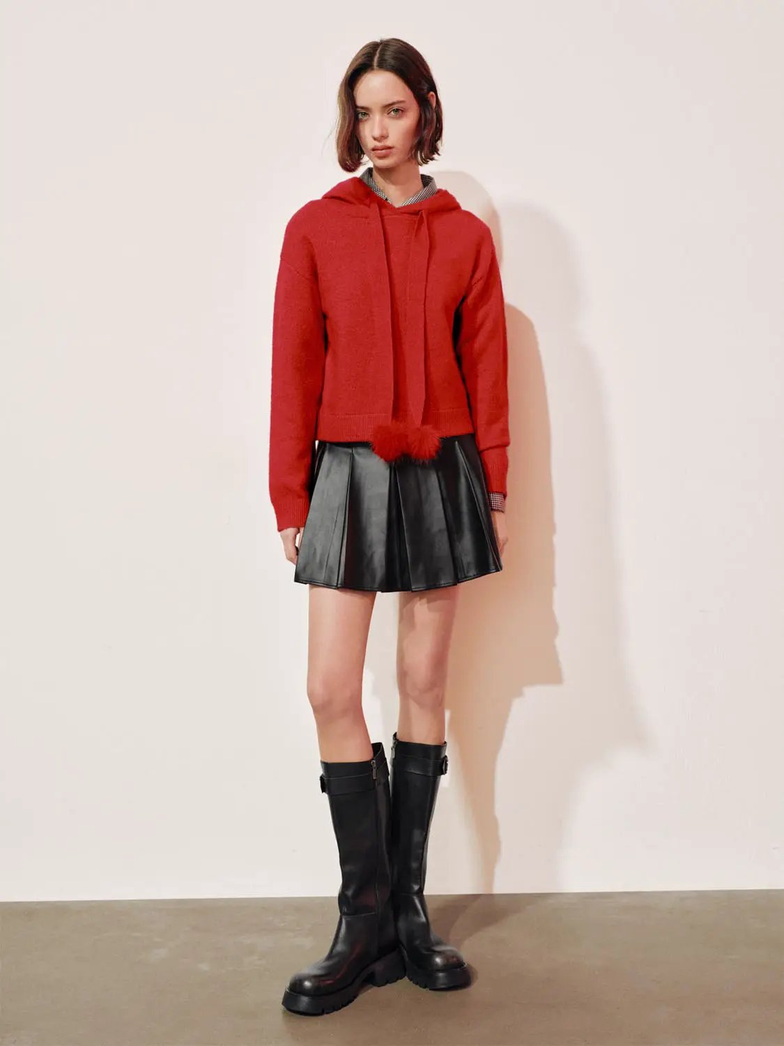 Pom-Pom Bow Tie Hooded Long Sleeve Knit Pullover