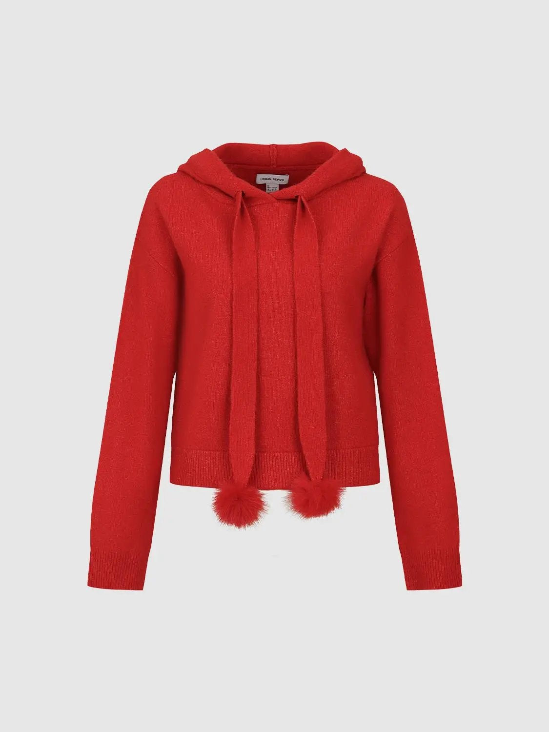 Pom-Pom Bow Tie Hooded Long Sleeve Knit Pullover