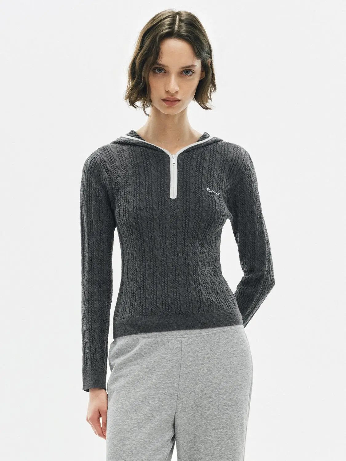 Ribbed Half-zip Hood Long Sleeve Fitted Pullover