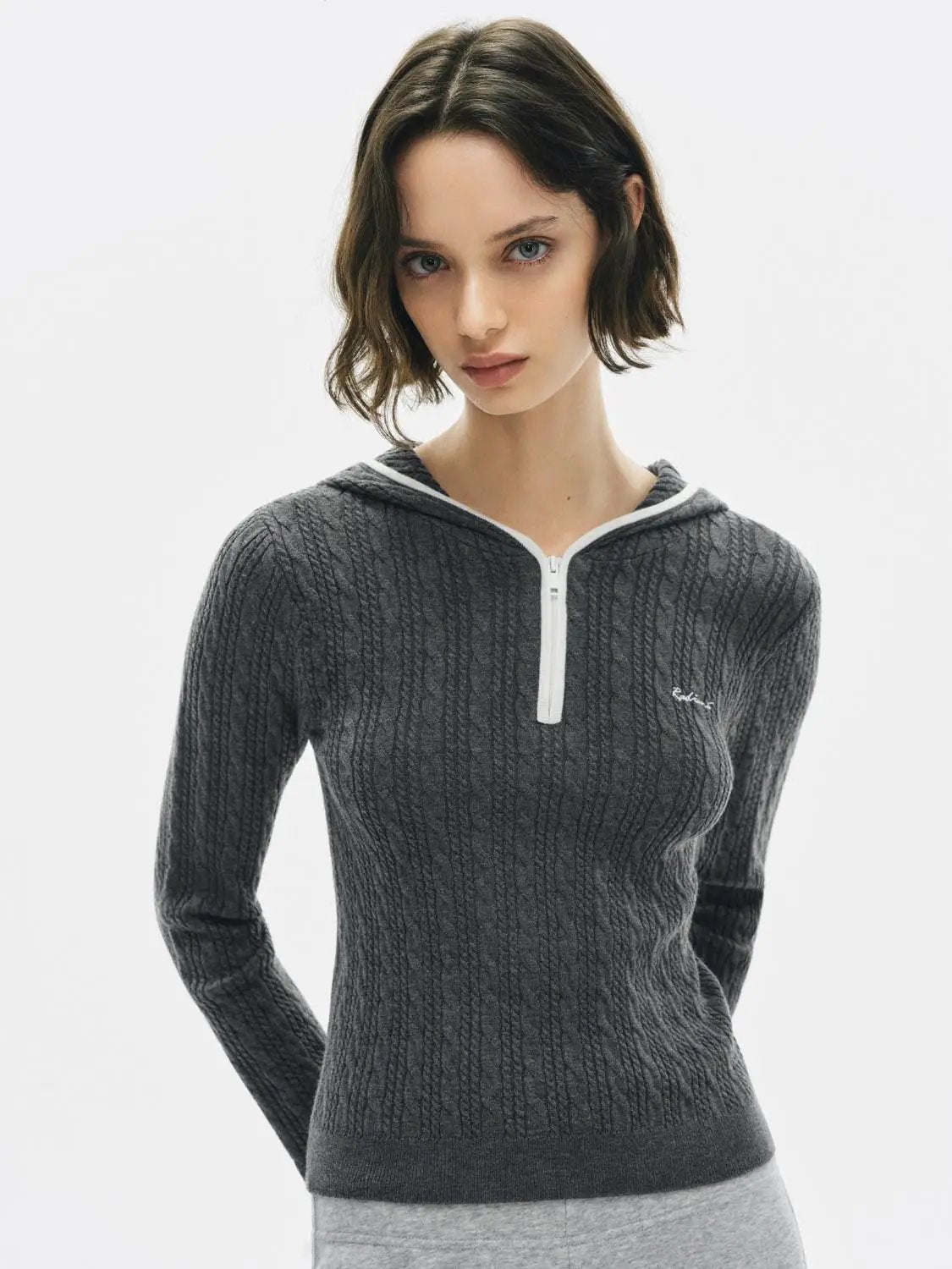 Ribbed Half-zip Hood Long Sleeve Fitted Pullover