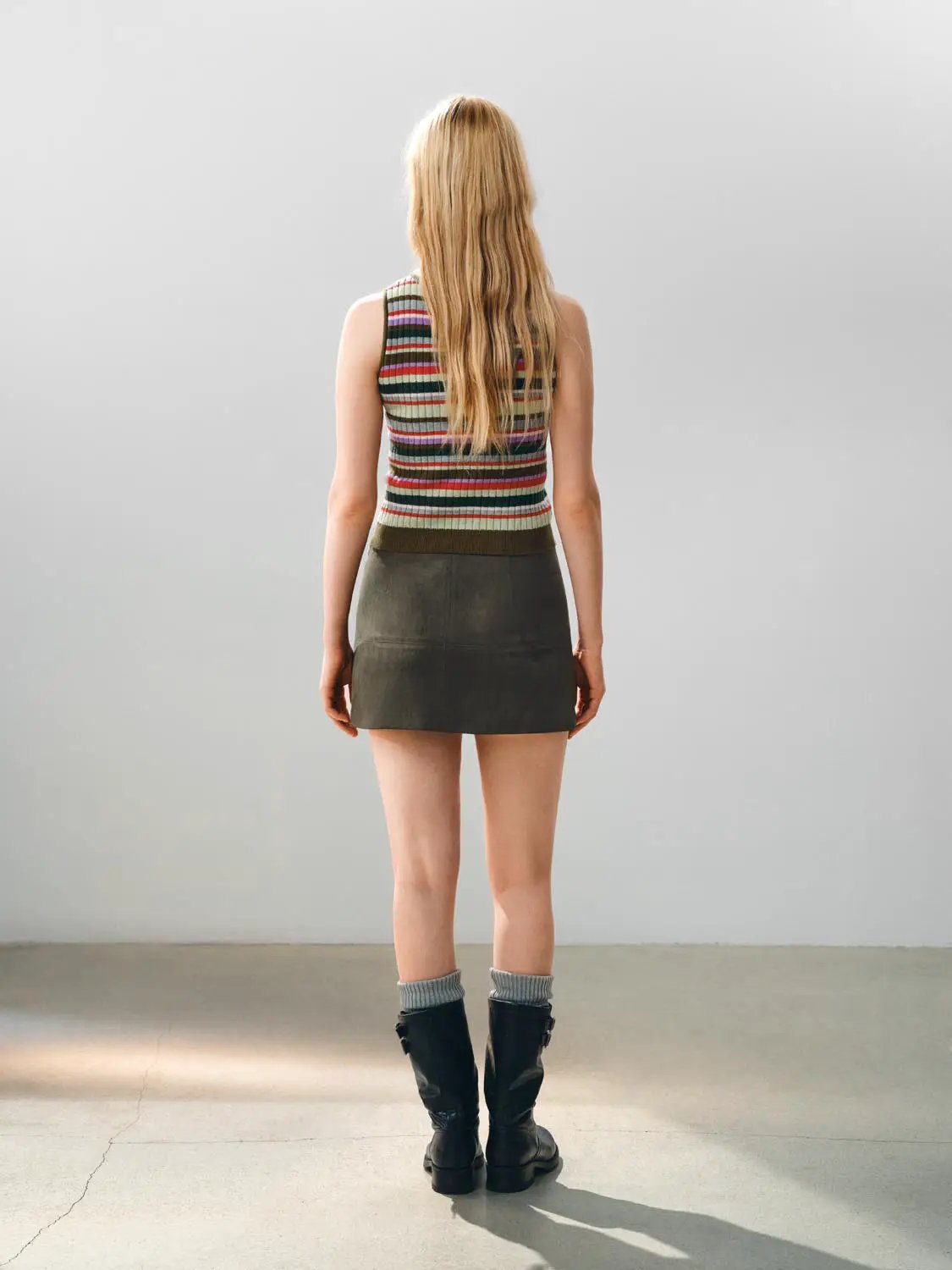 Ribbed Striped Mock Neck Sleeveless Knit Tank Top