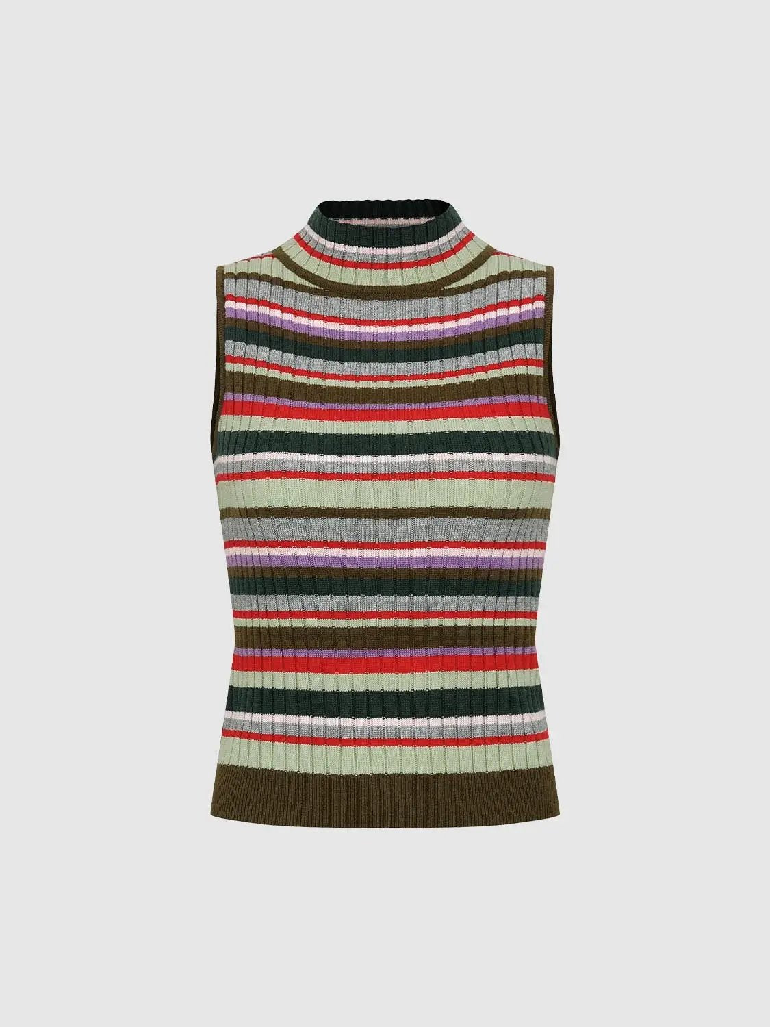Ribbed Striped Mock Neck Sleeveless Knit Tank Top