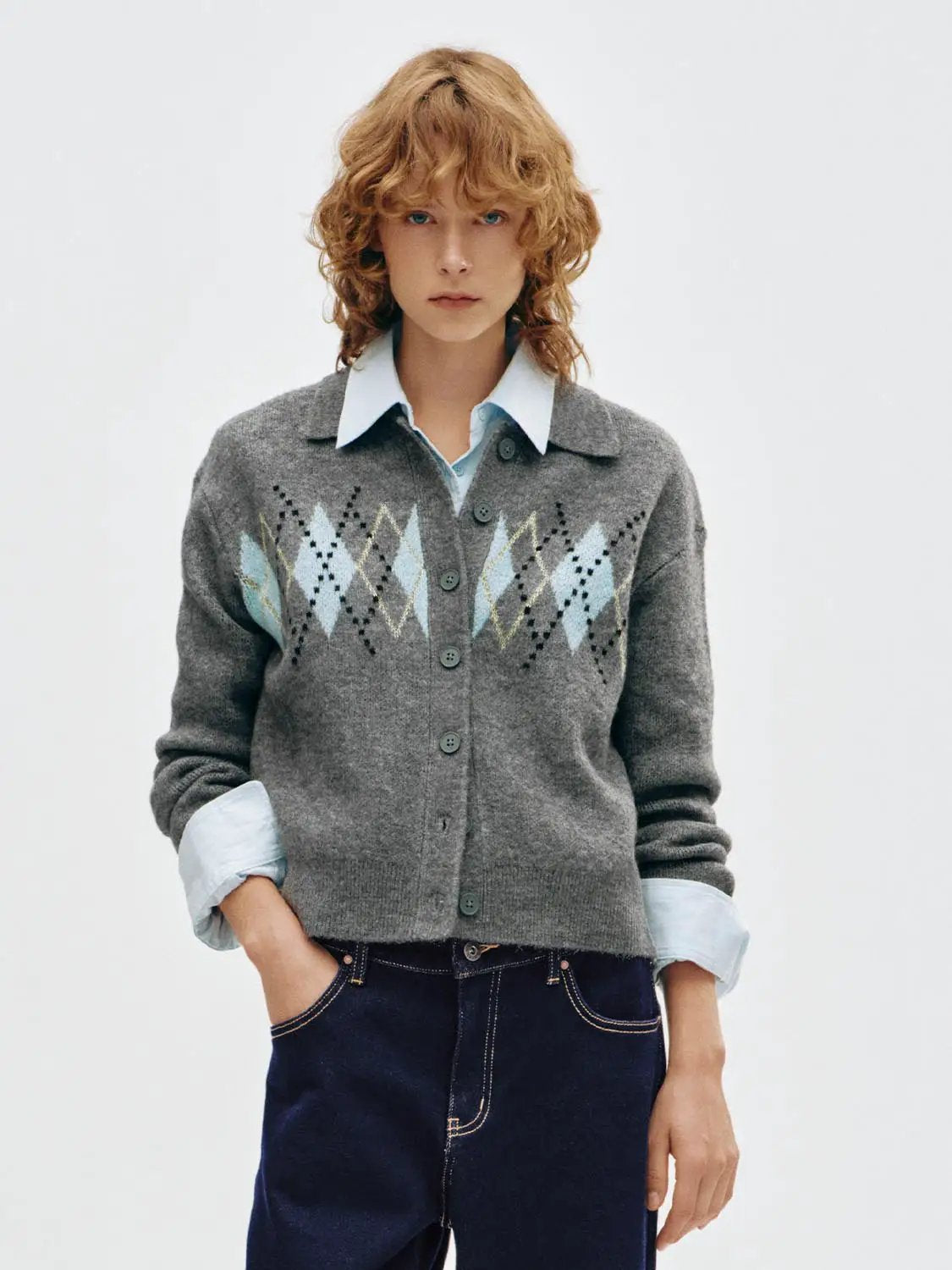 Argyle Pattern Long Sleeve Collar Knit Cardigan