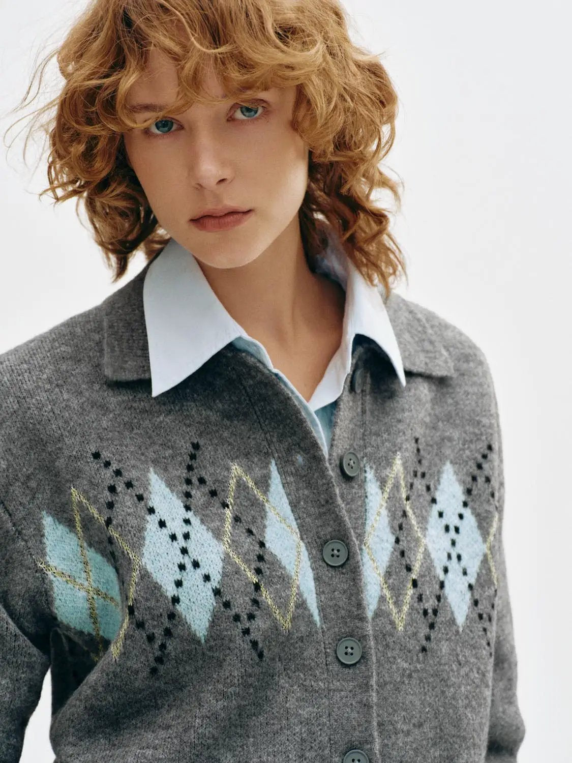 Argyle Pattern Long Sleeve Collar Knit Cardigan