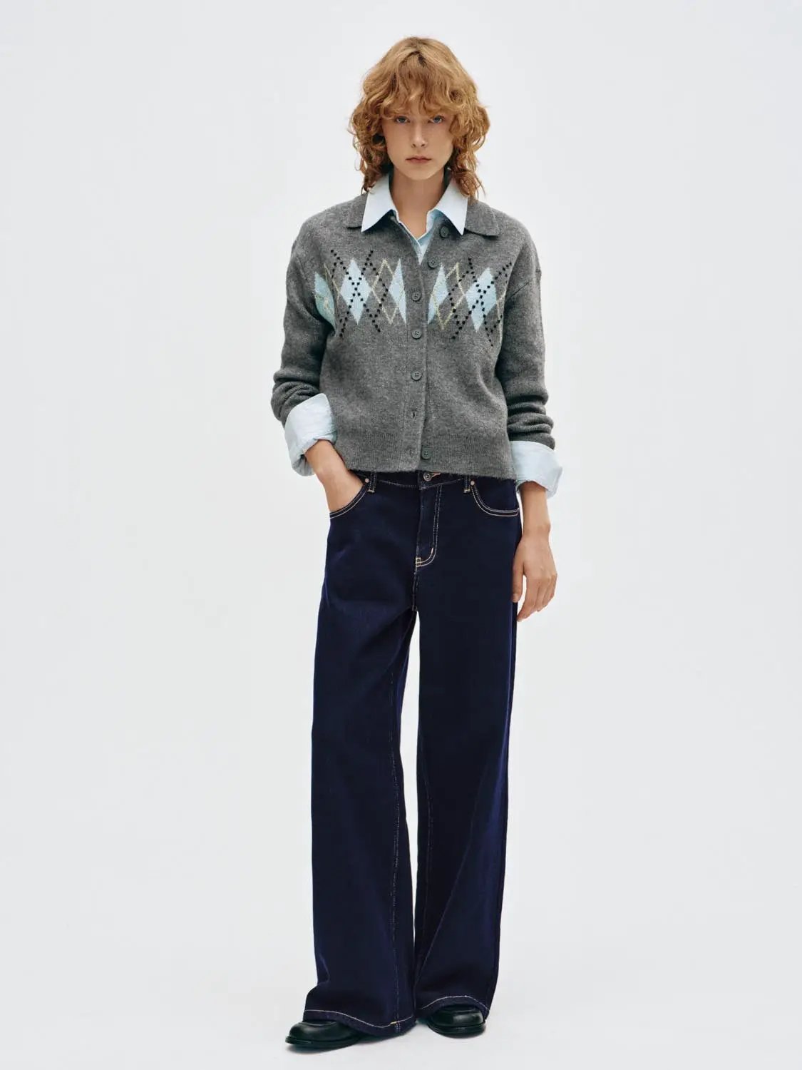 Argyle Pattern Long Sleeve Collar Knit Cardigan