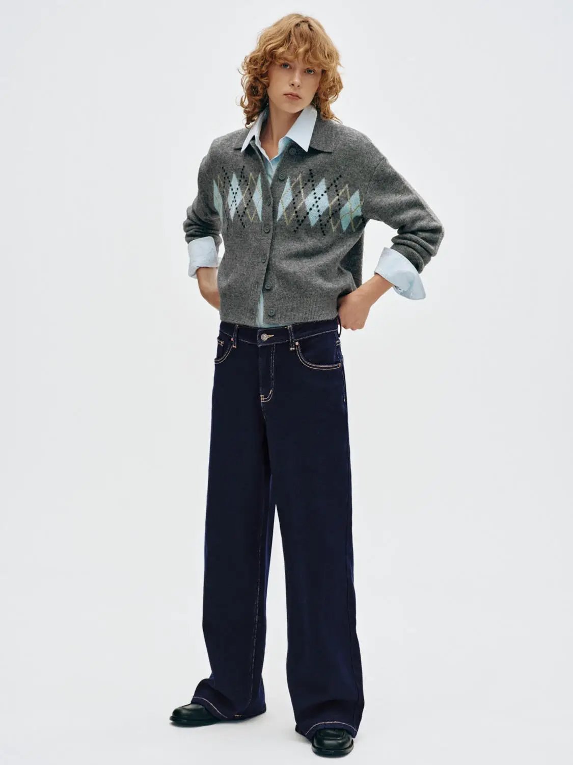 Argyle Pattern Long Sleeve Collar Knit Cardigan