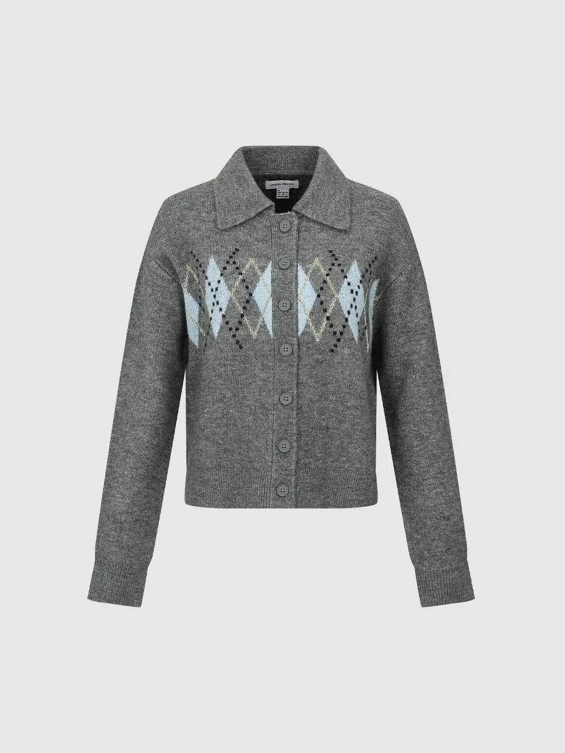 Argyle Pattern Long Sleeve Collar Knit Cardigan