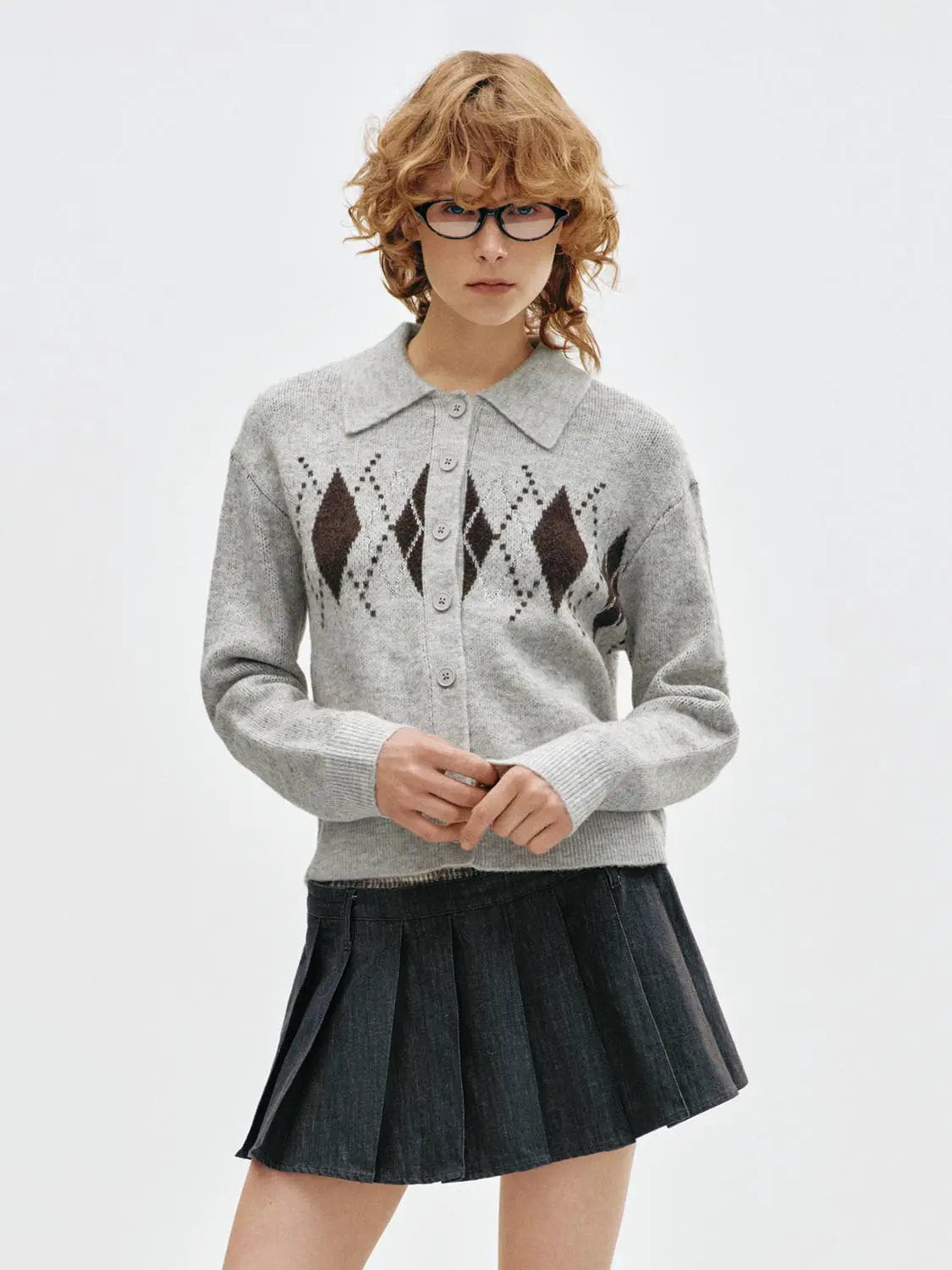 Argyle Pattern Long Sleeve Collar Knit Cardigan