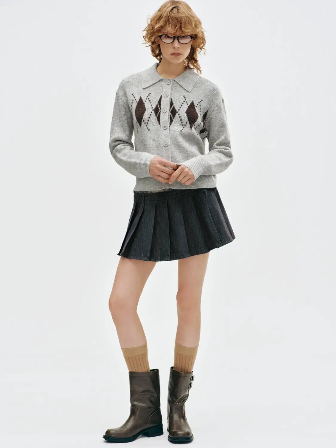 Argyle Pattern Long Sleeve Collar Knit Cardigan
