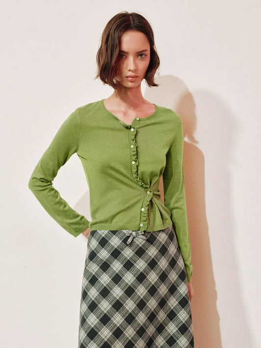 Twisted Ruffle Round Neck Long Sleeve Knit Jacket
