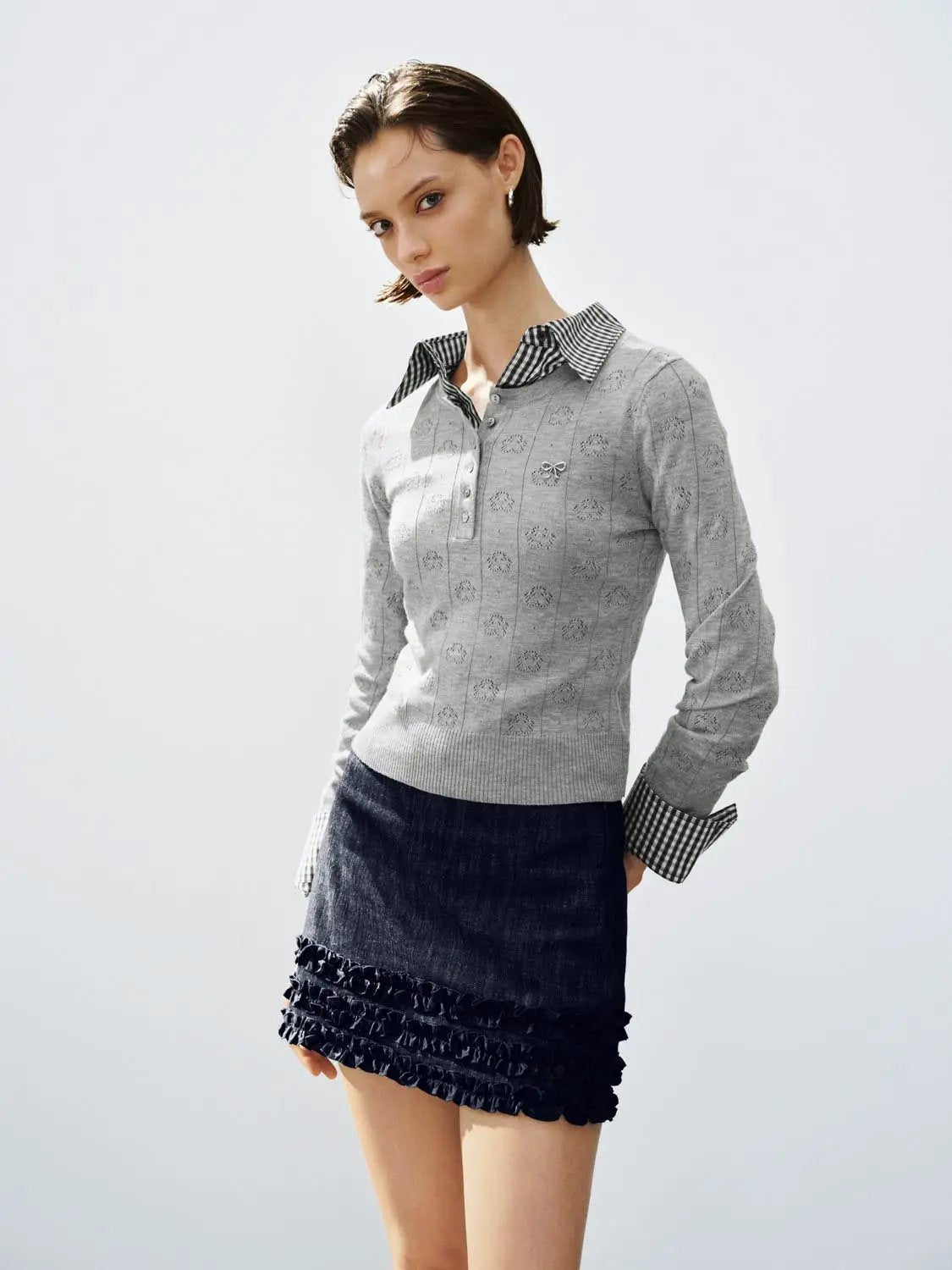 Textured Button Front Long Sleeve Crew Neck Sweater