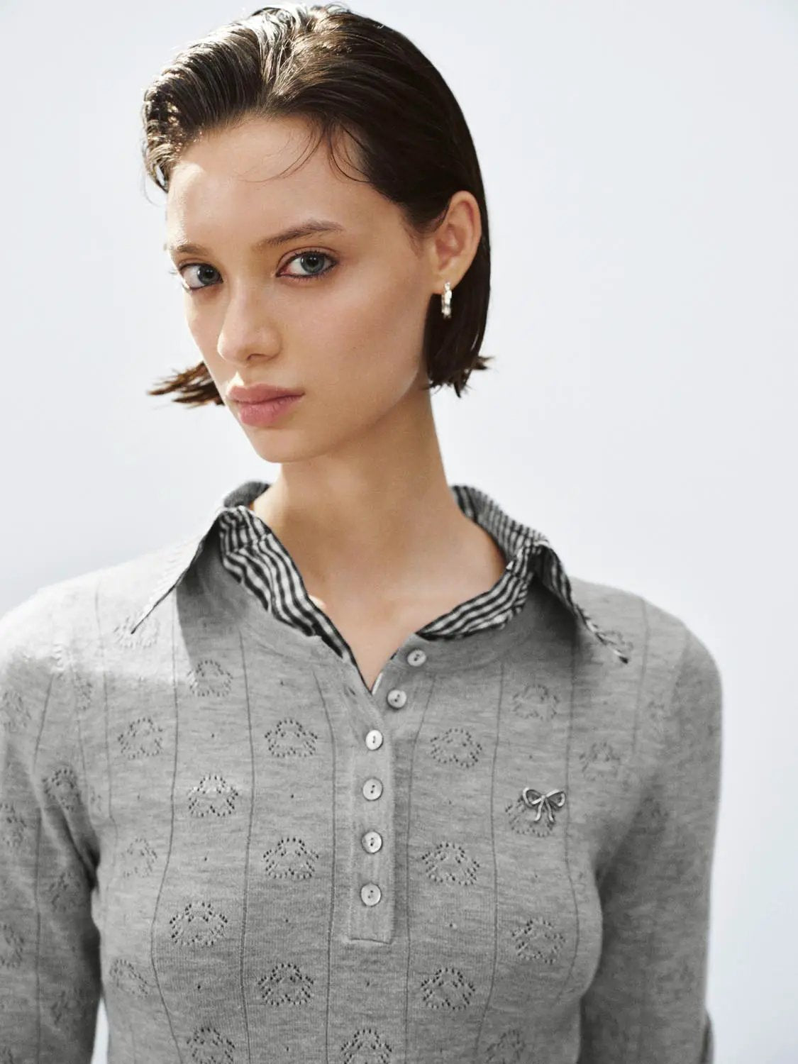 Textured Button Front Long Sleeve Crew Neck Sweater