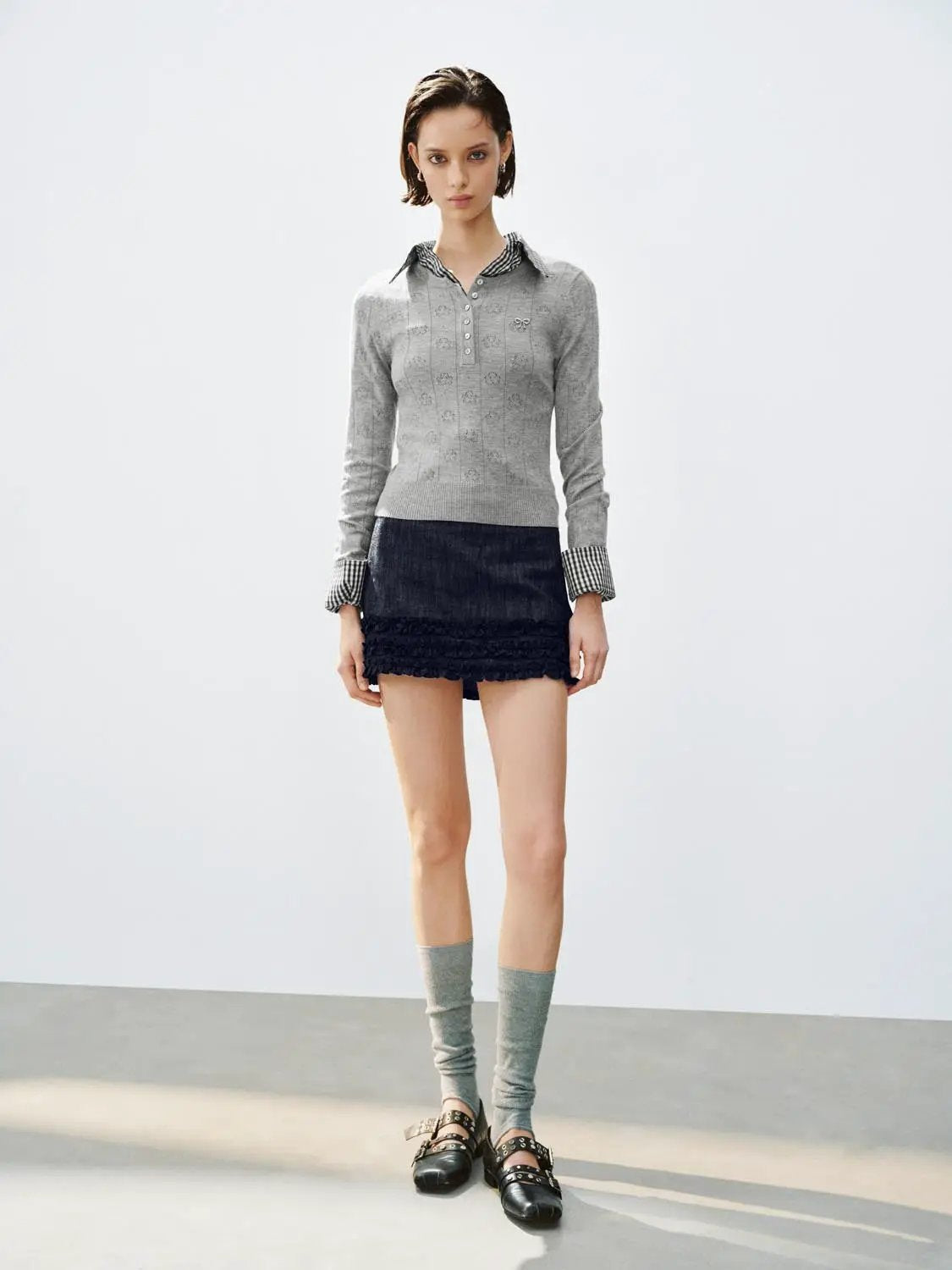 Textured Button Front Long Sleeve Crew Neck Sweater
