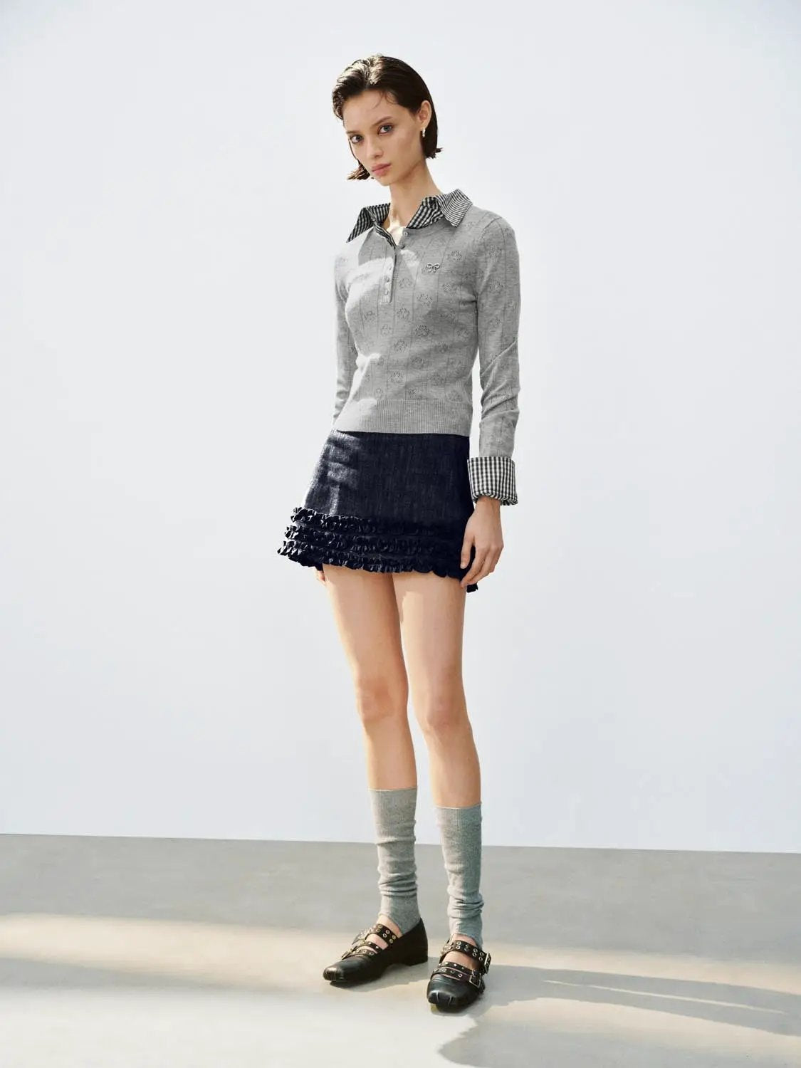 Textured Button Front Long Sleeve Crew Neck Sweater