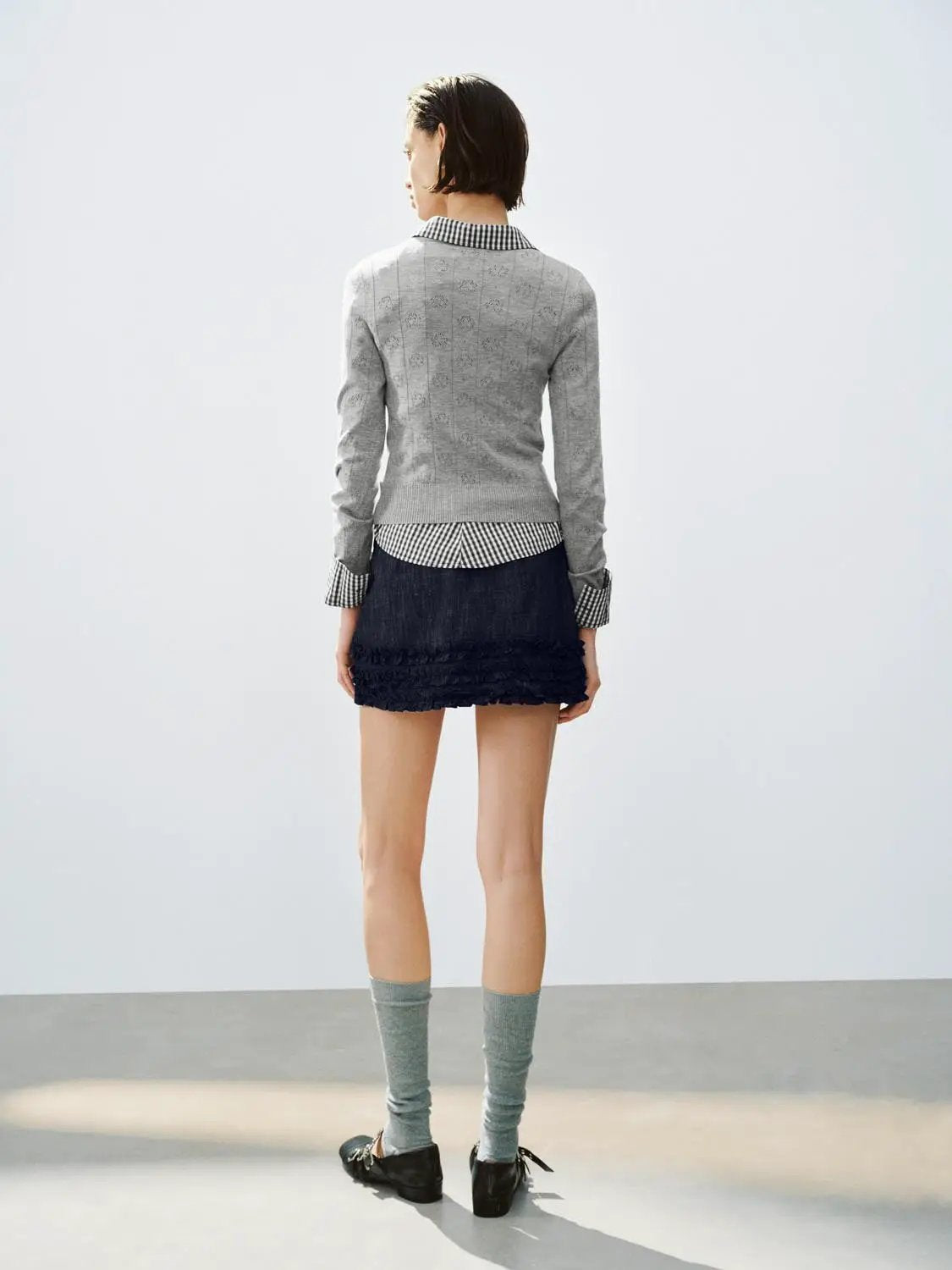 Textured Button Front Long Sleeve Crew Neck Sweater