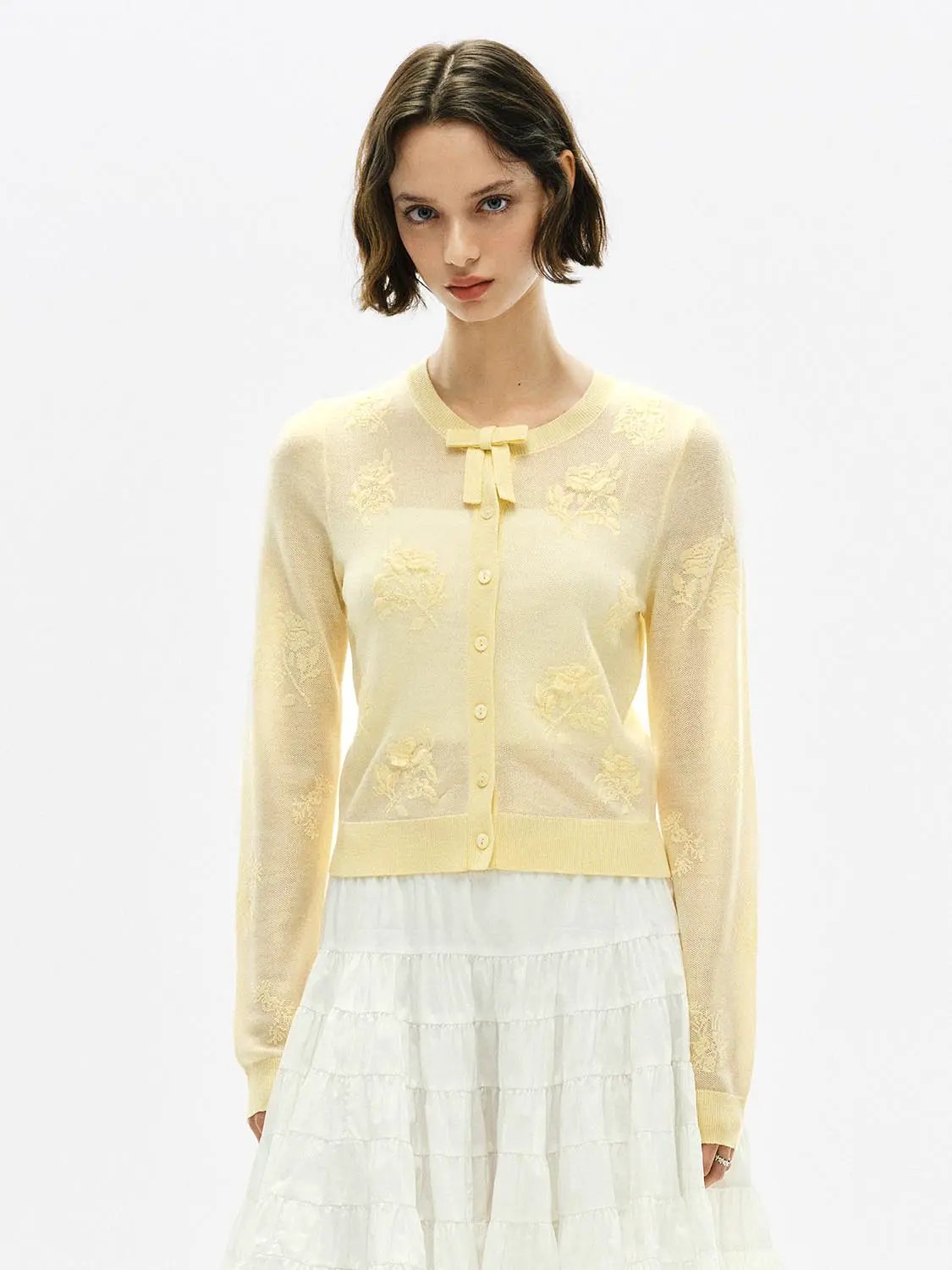 Ribbed Floral Embroidered Bow Long Sleeve Cardigan