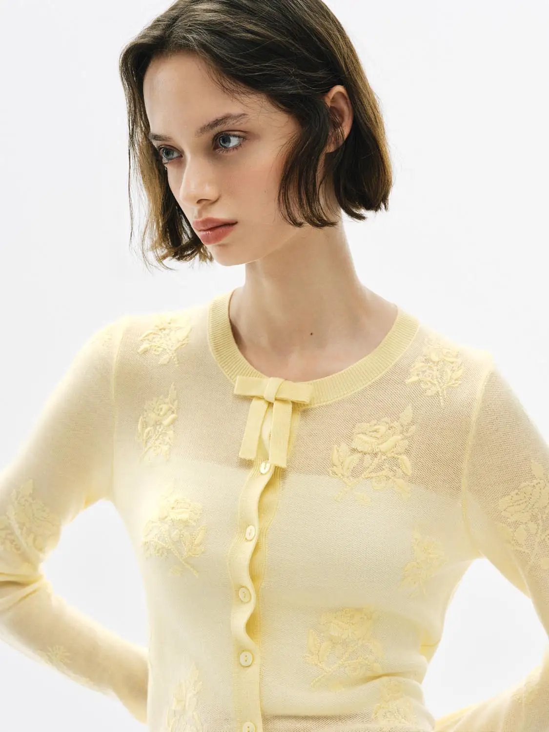 Ribbed Floral Embroidered Bow Long Sleeve Cardigan