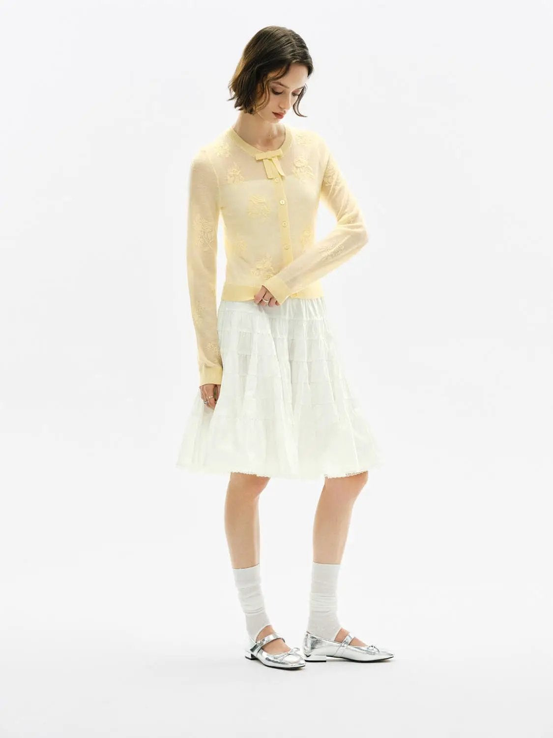 Ribbed Floral Embroidered Bow Long Sleeve Cardigan