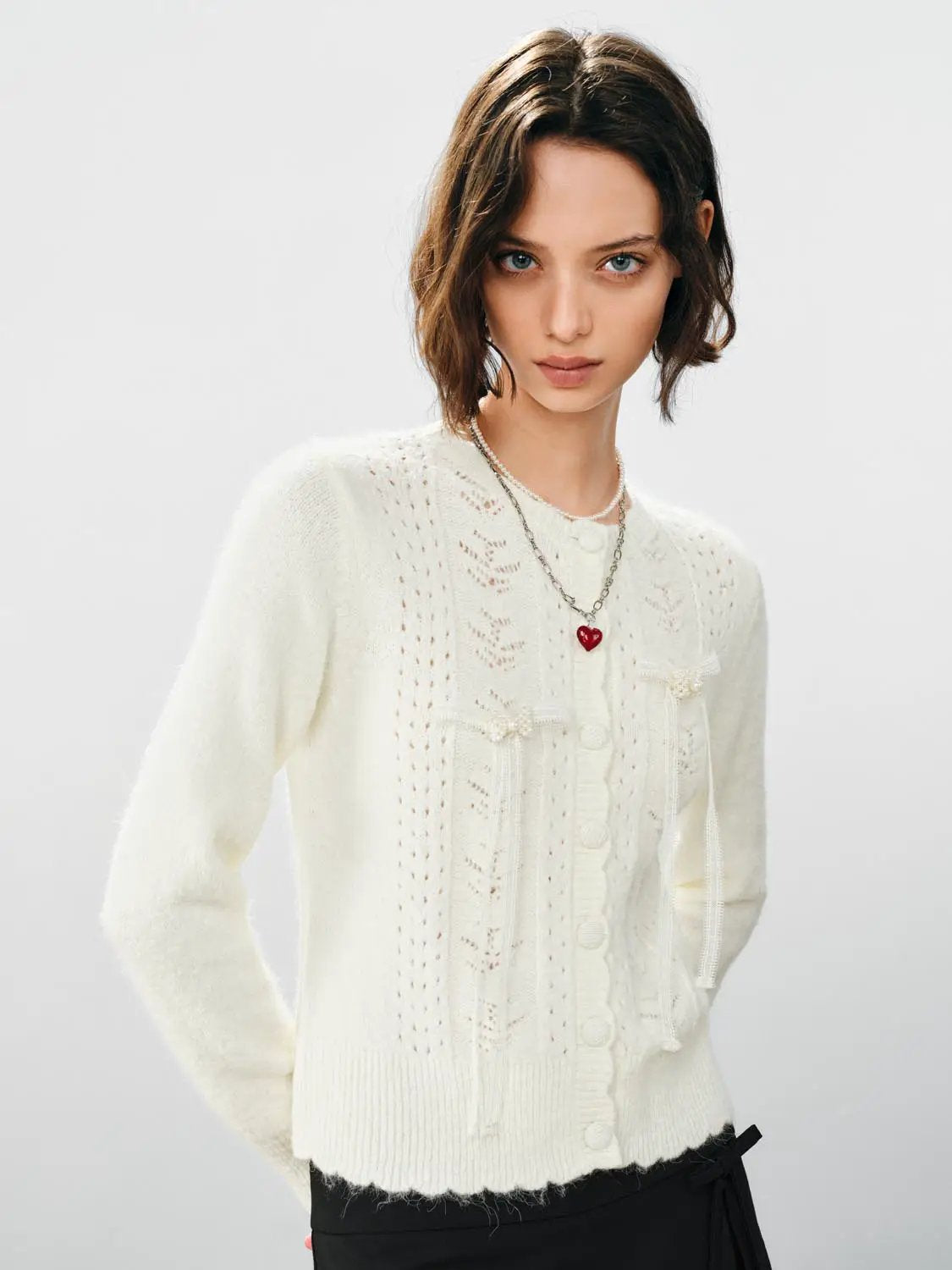 Textured Button Front Knit Crew Neck Long Sleeve Cardigan