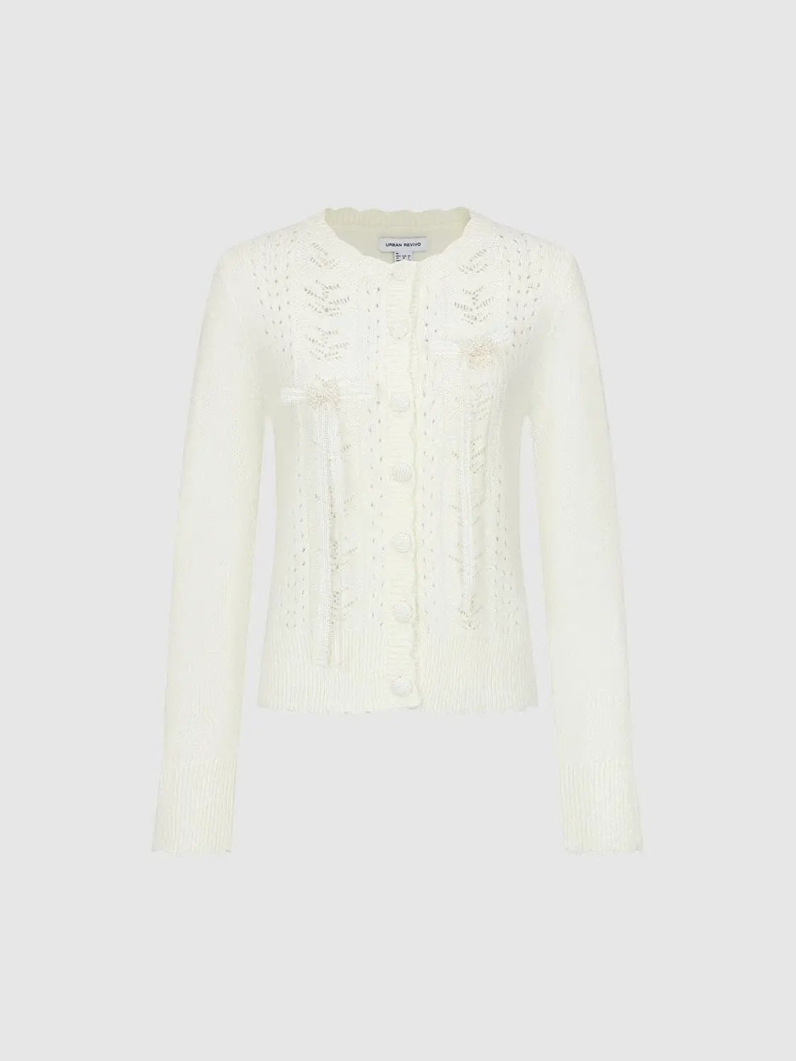 Textured Button Front Knit Crew Neck Long Sleeve Cardigan